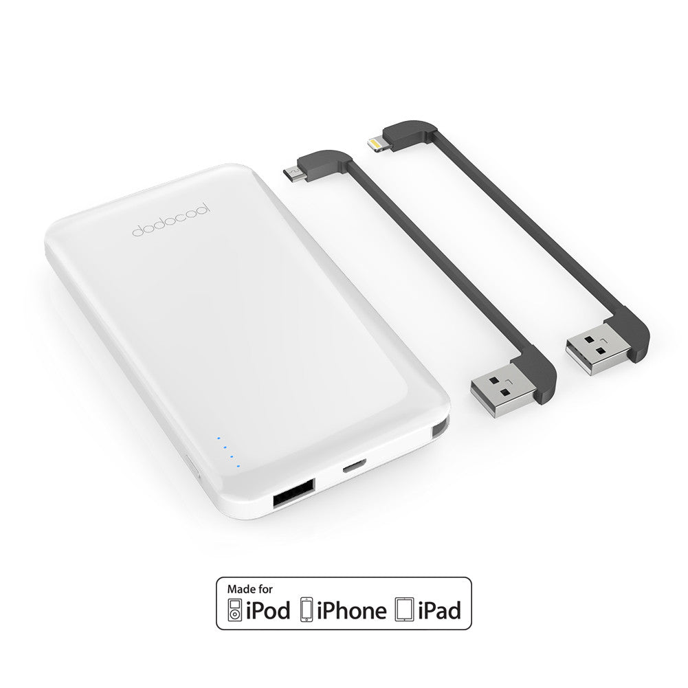 dodocool MFi Certified Ultra Slim 10000 mAh 2-Port Power Bank Portable Charger Backup External Lithium Polymer Battery Pack with Detachable Lightning Cable and Micro-USB Cable for iPhone X / iPhone 8 Plus / iPhone 8 / iPhone 7 Plus / iPhone 7 / iPhone SE/